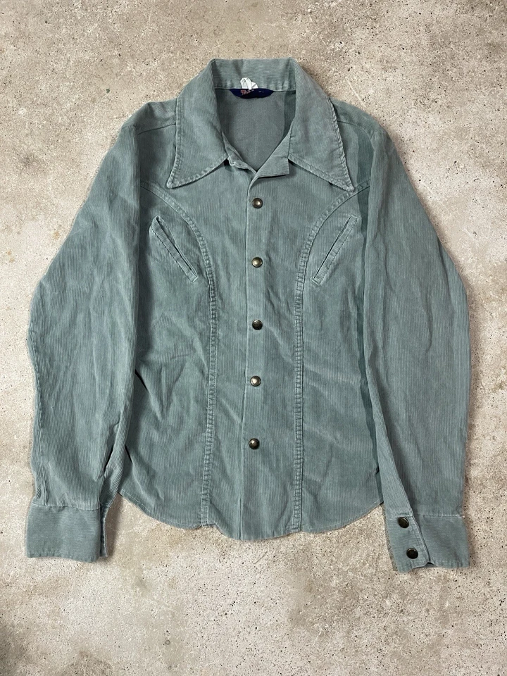 Винтажная зеленая вельветовая рубашка куртка Sage 70-е Tobias мужская размер средний на пуговицах США - Изображение 1 из 4