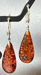 Pendientes colgantes de lágrima ámbar báltico genuino de plata de ley de 2" - Imagen 1 de 7