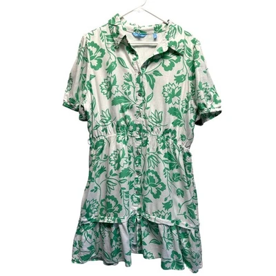 Vestido Camisa Draper James RSVP Verde Blanco Floral Manga Abullonada Sin Cinturón Foto 1 de 4