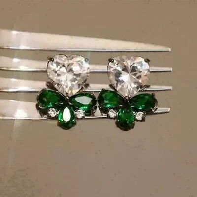 4Ct Lab Created Diamond Heart & Green Emerald Stud Earring 14k White Gold Finish - Image 1 of 3