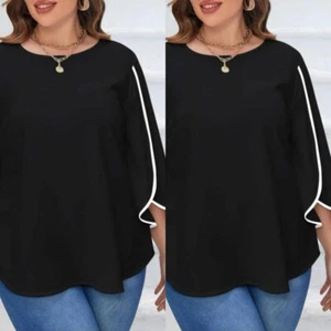 Plus Size Solid Women 3/4 Sleeve Crew Neck Tops Casual Blouse T-Shirt Pullover - Picture 1 of 8