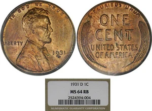 1931-D 1C NGC MS64RB LINCOLN CENT ~ HIGH-END SEMI-KEY! - Picture 1 of 5