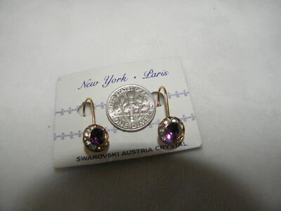 PURPLE AMETHYST EARRINGS  AUSTRIAN CRYSTAL DANGLE DROP GOLD TONE NEW FLB - Image 1 of 4