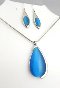 VTG Modernist Set Necklace & Earrings Light Blue Moon-glow Glass Cabochons  - Picture 1 of 10