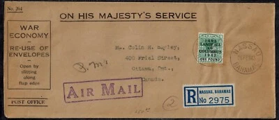Bahamas 1942 OHMS Cover w/COLUMBUS LANDFALL ONE POUND SG 175 CV L750 - Image 1 of 4