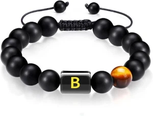 Initials Bracelets for Men Letter Handmade Natural Black Matte Agate Tiger Eye S - Picture 1 of 6