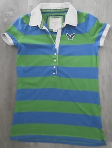 CAMISETA LARGA DE COLECCIÓN Y2K AMERICAN EAGLE VERDE/AZUL CUELLO A RAYAS PARA MUJER TALLA M - Imagen 1 de 3