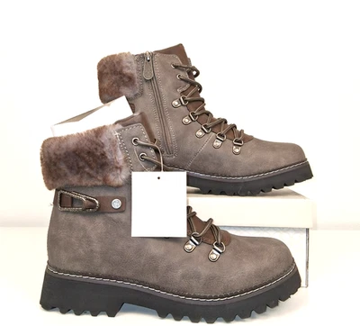 Womens Size 10 Winter Boot Taupe Grey Ankle Hiking Combat Boot Faux Fur VTG Look - Image 1 of 4