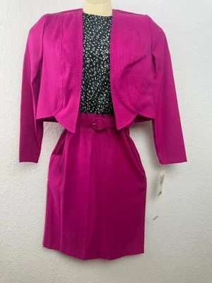 Vtg Sabino Petites Hot Pink Dress & Cropped Jacket Set 10P Belted 80s Power Suit - Image 1 of 4
