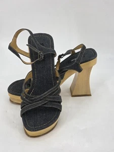 Vintage Y2K Splash hochhackige Plateau-Holz-Denim-Sandalen flippig blaue Riemen Größe 9 - Bild 1 von 12