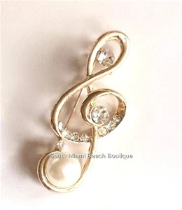 Pearl Clef Music Note Pin Brooch Musician Teacher Graduation Gift Crystal - Picture 1 of 12