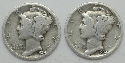 1934-P-D Winged Liberty Mercury Silver dime mint year set 2 coins no S mint made Cover