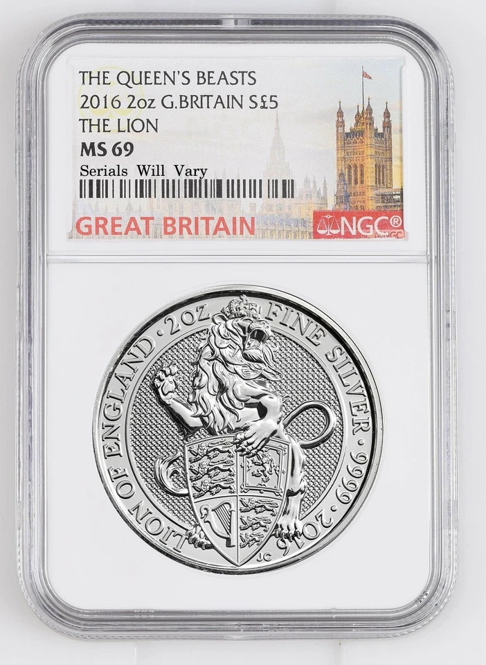 British Silver Queen's Beasts 2016 2 oz León de Inglaterra - NGC MS 69 Foto 1 de 2