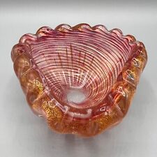 Vintage Murano Italy Barovier & Toso Red & Gold Bowl 4.5"W Ribbed