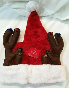 NEW TRADITIONS CHRISTMAS SANTA HAT CAP WITH JINGLE BELLS REINDEER ANTLERS - Picture 1 of 10