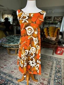 ❤️ Vintage 50s 60s 70s Orange Hawaii Barkcloth Tiki Oasis VLV Mini Dress XXS XS - Picture 1 of 16