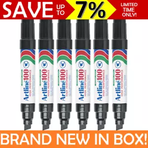 NEW IN BOX 6x Artline 100 Permanent Markers Chisel 12mm Tip Black Marker 110001 - Picture 1 of 1