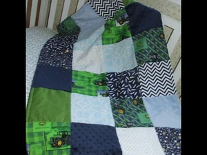 New Hand Made John Deere Baby Boy Crib Quilt w/ Minky Back Blue n Green - Picture 1 of 10