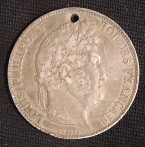 1844 France 5 Francs .900 Silver Louis Philippe I, Holed - Picture 1 of 2