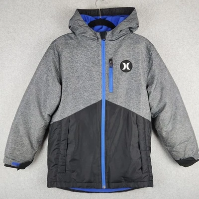 Chaqueta de Nieve Hurley Puffer Niños Jóvenes 10/12 Gris Negro Azul Con Capucha Cremallera Completa Foto 1 de 4