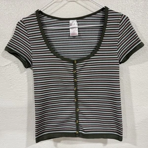 No Boundaries Shirt Girls Medium Striped Button Front Ribbed Crop Top - Picture 1 of 9