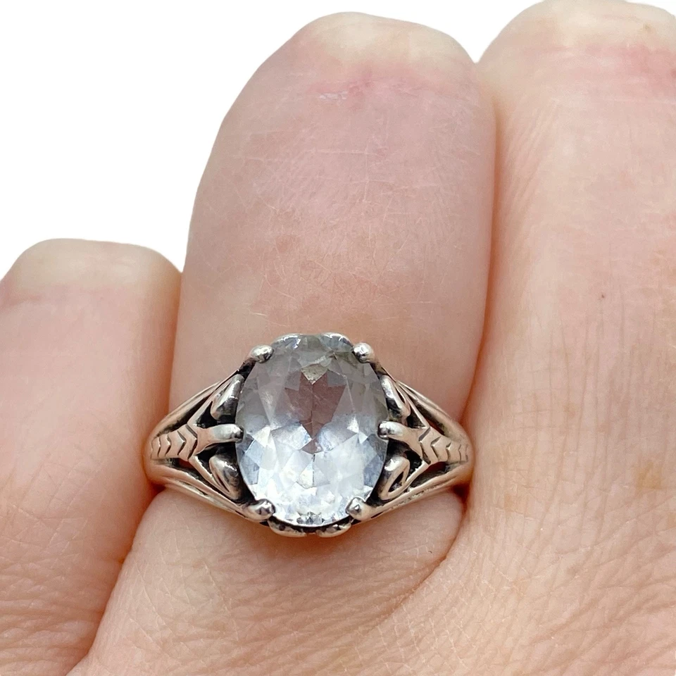 Anillo Vintage Kabana Topacio Blanco Plata Esterlina Diseñador Firmado Banda Talla 5.75 Foto 1 de 1