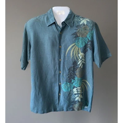 "Camisa hawaiana Van Heusen para hombre M 15-15,5"" manga corta mezcla de lino azul verde" Foto 1 de 4
