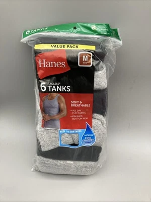 Paquete de 6 tanques Hanes para hombre negros grises algodón frescos cómodos talla M sin etiquetas nuevos Foto 1 de 3