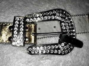 Vintage Damen Leder Gürtel Strass Glitzer Nieten Große Schnalle. - Bild 1 von 6