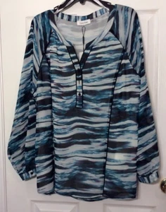 Calvin Klein Woman’s Plus Size 1X lined stripe Top blouse Tunic Teal Black White - Picture 1 of 5