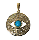 14k Yellow Gold  Diamond and turquoise evil eye pendant 18mm