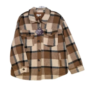 NWT Womens Front Button Down Shacket Ava & Viv Tan Plaid 1X - Picture 1 of 10
