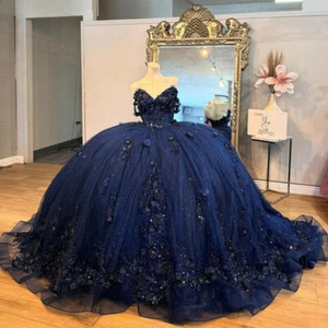 Glittering Navy Blue Quinceanera Dresses Flowers Appliques Lace Off Shoulder - Picture 1 of 7
