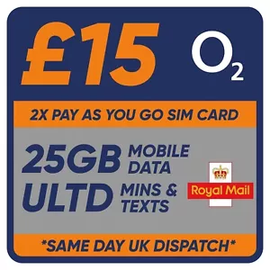2X O2 PAY AS YOU GO SIM KARTE -15,00£ DATA BIG BUNDLE - 25GB DATA - Bild 1 von 3