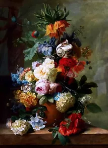 Flores en un jarrón sobre mármol pintura de leña de Jan van Huysum reproducción artística - Imagen 1 de 3