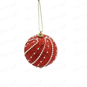 Red Glitter Foam Bauble With Pearl Beads String 8cm, Xmas Tree Hanging Ornament