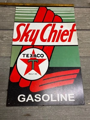 Letrero publicitario vintage de gasolina Texaco Sky Chief pintado en metal 10 X 16 Foto 1 de 4