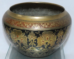 Pretty Vintage Brass Planter with Black / Red Enamel Etched Floral Design - Picture 1 of 4