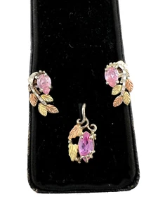 Beautiful Sterling Silver Set w/12K gold leaves and pink Ice Pendant/Earrings - Picture 1 of 7