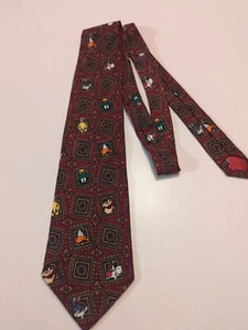 Cravatta classica uomo Looney Tunes Mania 1994 vintage marrone geometrica 100% seta - Foto 1 di 4