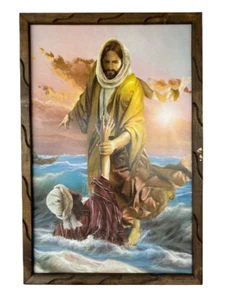 Jesus Y Pedro En El Mar Imagen Cuadro De Madera Rustico 24"x36" , Nuevo - Picture 1 of 2