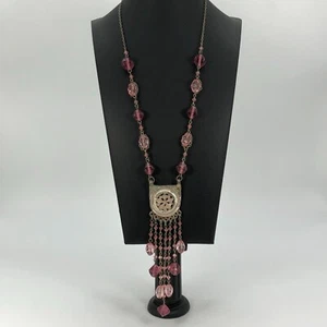 Art Deco Revival Pink Purple Glass Bead Pendant Necklace Dangles Silver Tone - Picture 1 of 8