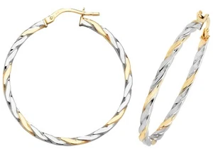 9CT YELLOW & WHITE GOLD TWISTED HOOP EARRINGS - 35MM - TWO TONE GOLD - Picture 1 of 5
