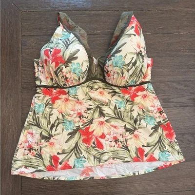 Cacique swim Lane Bryant Floral Print Tankini green olive color 44DDD wired bra - Image 1 of 4