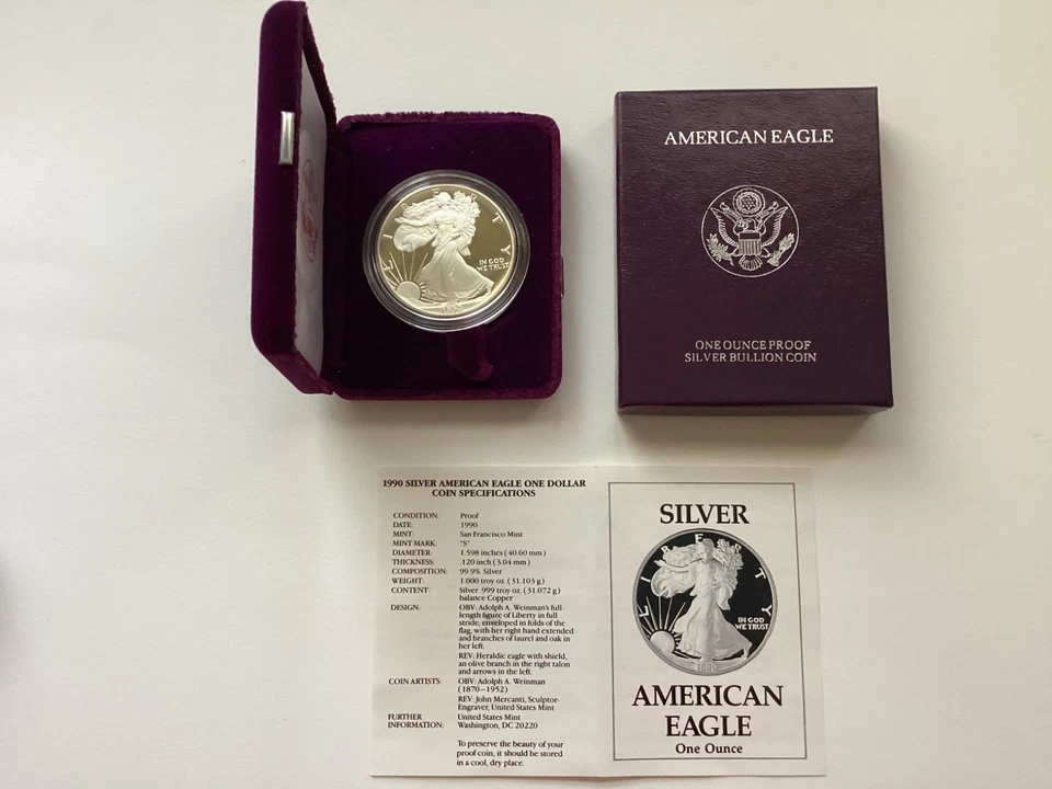 1990-S Proof American Silver Eagle Dollar $1 Box & COA US Mint Bullion OGP - Image 1 of 1