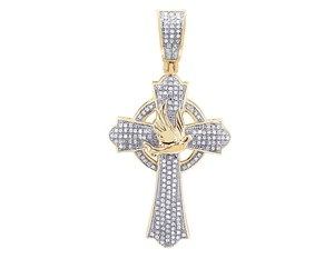Dove 2/5 CT Real Diamond Gothic Cross Pendant 1.84" 10K Yellow Gold - Picture 1 of 4