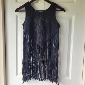 Suede Crop Top Vest Fringe Black Biker Hippie Halloween Festival  - Picture 1 of 9