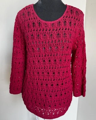Chico's Open Knit Crochet Pullover Sweater XL Boho Comfy Cotton Fuchsia - Image 1 of 4