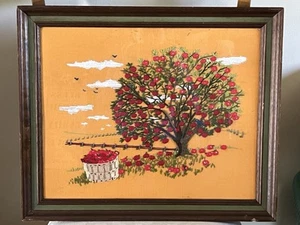 Vtg 1974 COMPLETED Farm Apple Tree Bushel Basket Blue Bird 15x19 Crewel FRAMED - Picture 1 of 14