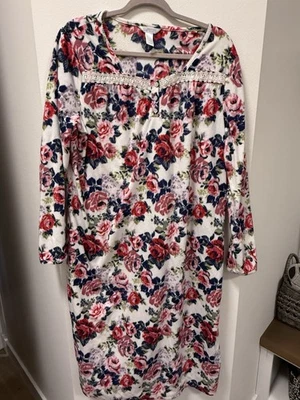 Adonna Sleepwear White With Red Rose Floral Cottagecore Gown - Image 1 of 4